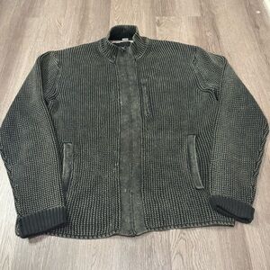 32 Bar Blues Chunky‎ Knit Sweater Jacket Full Zip Black Acid Washed Men’s Medium